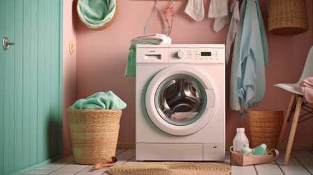 Washing machine, Washing gel and laundry basket in house. interior design. Generetive Aiの素材