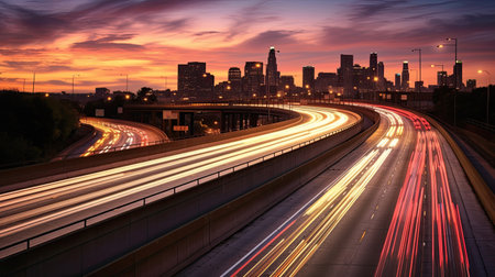 The motion blur of a busy urban highway during the evening rush hour. Generetive Aiの素材