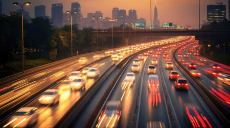 The motion blur of a busy urban highway during the evening rush hour. Generetive Aiの素材