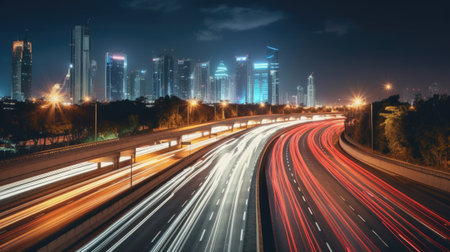 The motion blur of a busy urban highway during the evening rush hour. Generetive Aiの素材