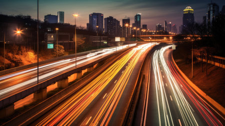 The motion blur of a busy urban highway during the evening rush hour. Generetive Aiの素材