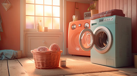 Washing machine, Washing gel and laundry basket in house. interior design. Generetive Aiの素材