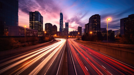 The motion blur of a busy urban highway during the evening rush hour. Generetive Aiの素材