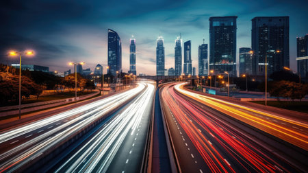 The motion blur of a busy urban highway during the evening rush hour. Generetive Aiの素材