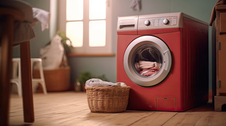 Washing machine, Washing gel and laundry basket in house. interior design. Generetive Aiの素材