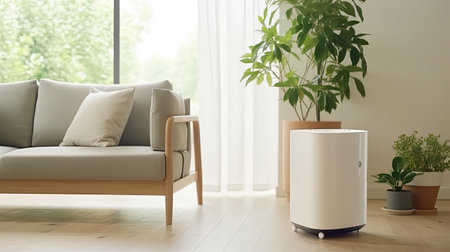 Air purifier in cozy white living room for filter and cleaning removing dust PM2.5 HEPA and virus in home. Generative Aiの素材