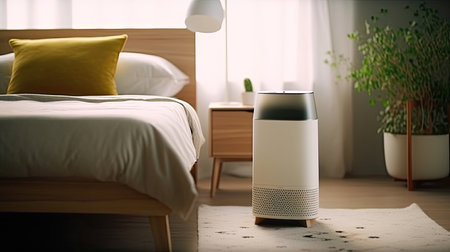 Air purifier in cozy white bedroom for filter and cleaning removing dust PM2.5 HEPA and virus in home. for fresh air and healthy Wellness life. Generative Aiの素材
