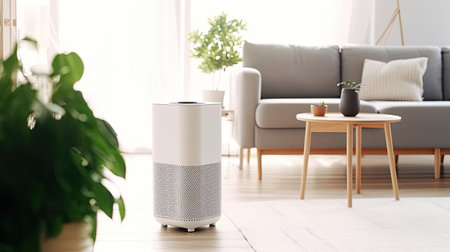 Air purifier in cozy white living room for filter and cleaning removing dust PM2.5 HEPA and virus in home. Generative Aiの素材