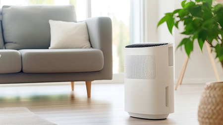 Air purifier in cozy white living room for filter and cleaning removing dust PM2.5 HEPA and virus in home. Generative Aiの素材