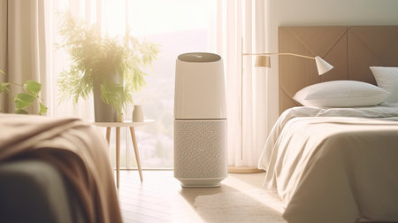 Air purifier in cozy white bed room for filter and cleaning removing dust PM2.5 HEPA in home. Generative Aiの素材