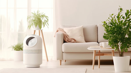 Air purifier in cozy white living room for filter and cleaning removing dust PM2.5 HEPA and virus in home. Generative Aiの素材