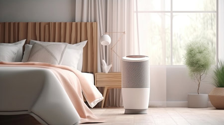 Air purifier in cozy white bedroom for filter and cleaning removing dust PM2.5 HEPA and virus in home. for fresh air and healthy Wellness life. Generative Aiの素材