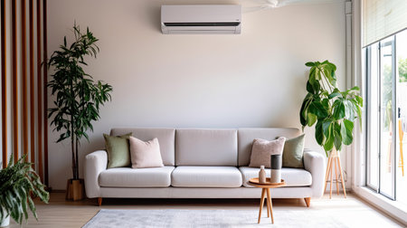 Air conditioner in Stylish interior of light living room with sofa. Generative Aiの素材