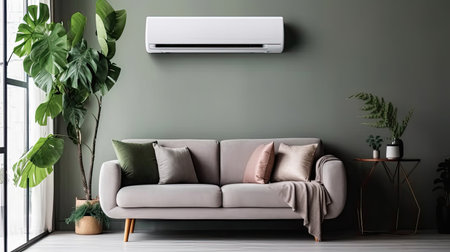 Air conditioner in Stylish interior of light living room with sofa. Generative Aiの素材