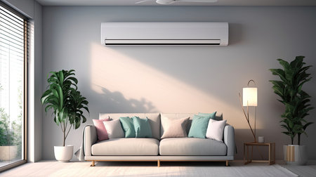 Air conditioner in Stylish interior of light living room with sofa. Generative Aiの素材