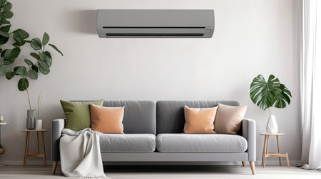 Air conditioner on white wall in living room with stylish grey sofa. Generative Aiの素材