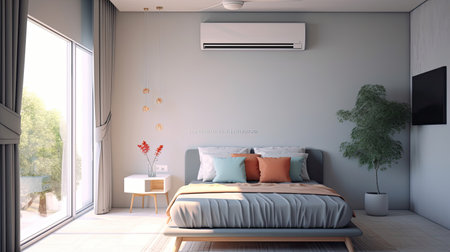 Air conditioner in Stylish interior of bedroom. Generative Aiの素材