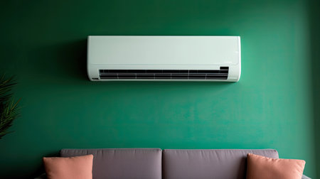 Modern air conditioner on dark green wall in living room. Generative Aiの素材