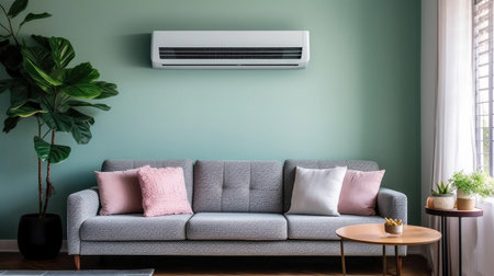 Air conditioner in Stylish interior of light living room with sofa. Generative Aiの素材