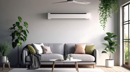 Air conditioner in Stylish interior of light living room with sofa. Generative Aiの素材