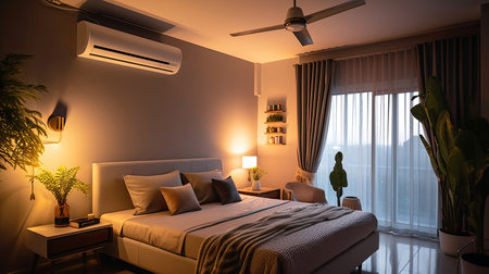 Air conditioner in Stylish interior of bedroom. Generative Aiの素材