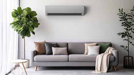 Air conditioner on white wall in living room with stylish grey sofa. Generative Aiの素材