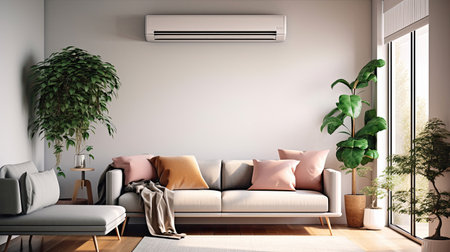 Air conditioner in Stylish interior of light living room with sofa. Generative Aiの素材