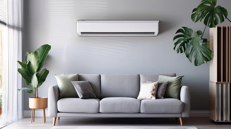 Air conditioner on white wall in living room with stylish grey sofa. Generative Aiの素材