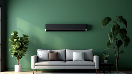 Modern air conditioner on dark green wall in living room. Generative Aiの素材