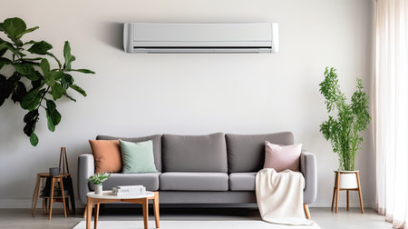 Air conditioner on white wall in living room with stylish grey sofa. Generative Aiの素材