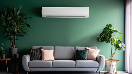Modern air conditioner on dark green wall in living room. Generative Aiの素材