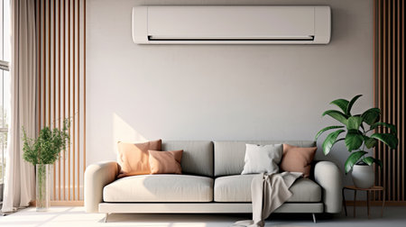 Air conditioner in Stylish interior of light living room with sofa. Generative Aiの素材