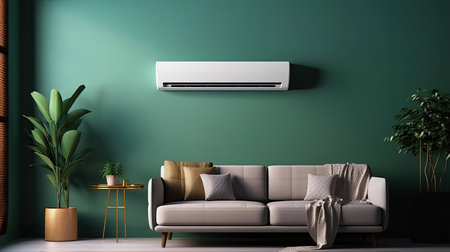Modern air conditioner on dark green wall in living room. Generative Aiの素材