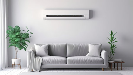 Air conditioner on white wall in living room with stylish grey sofa. Generative Aiの素材
