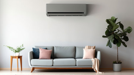 Air conditioner on white wall in living room with stylish grey sofa. Generative Aiの素材