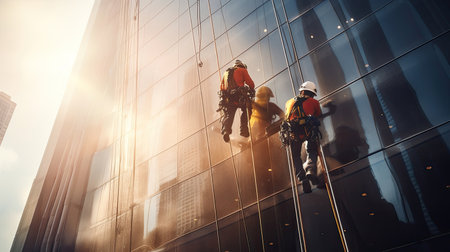Professional climber rope access workers cleaning glass in tall building. Generative Aiの素材