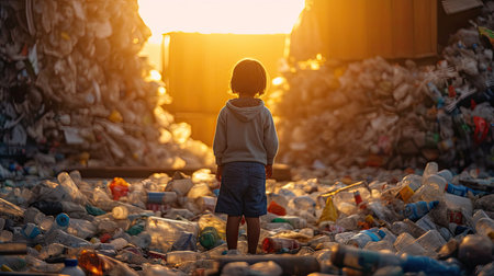 Backside of a Child looking at a lot of plastic waste. Generative Aiの素材
