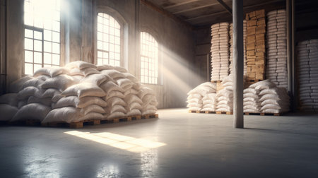 Sugar in a Warehouse. Bags of sugar. Large food warehouse with sugar sacks. Sugar factory. Generative Aiの素材