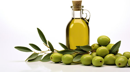 Bottle of olive oil and green olives with leaves isolated on white background. Generative Aiの素材