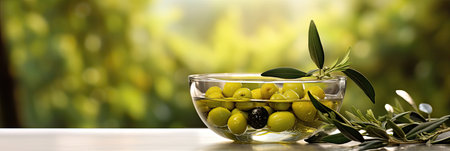 Greek olive oil in glass transparent bowl with branches with leaves and olives on the natural background. Generative Aiの素材