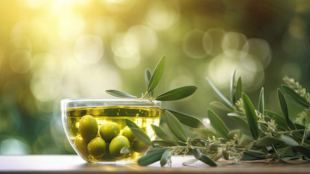 Greek olive oil in glass transparent bowl with branches with leaves and olives on the natural background. Generative Aiの素材