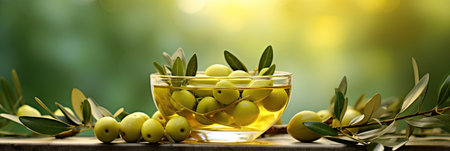 Greek olive oil in glass transparent bowl with branches with leaves and olives on the natural background. Generative Aiの素材