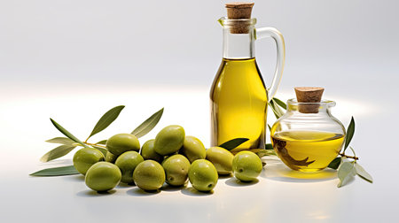 Bottle of olive oil and green olives with leaves isolated on white background. Generative Aiの素材
