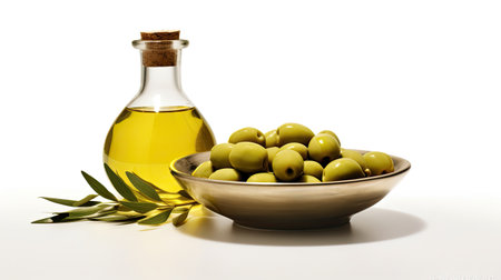 Bowl of olive oil and green olives with leaves isolated on white  background. Generative Aiの素材