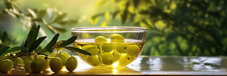 Greek olive oil in glass transparent bowl with branches with leaves and olives on the natural background. Generative Aiの素材