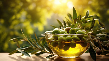 Greek olive oil in glass transparent bowl with branches with leaves and olives on the natural background. Generative Aiの素材