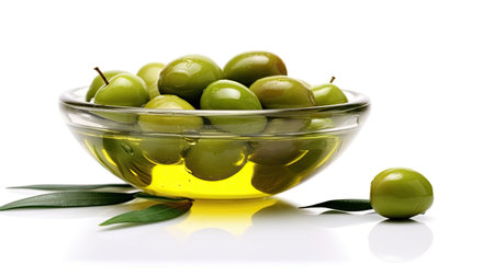 Bowl of olive oil and green olives with leaves isolated on white  background. Generative Aiの素材