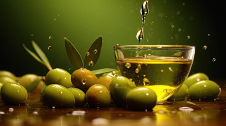 Olives oil floating with Olives on a green background. Generative Aiの素材
