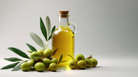 Bottle of olive oil and green olives with leaves isolated on white background. Generative Aiの素材
