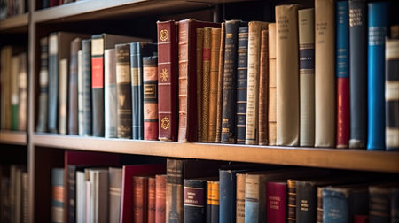 Books in Bookshelf, in public library. Generative Aiの素材